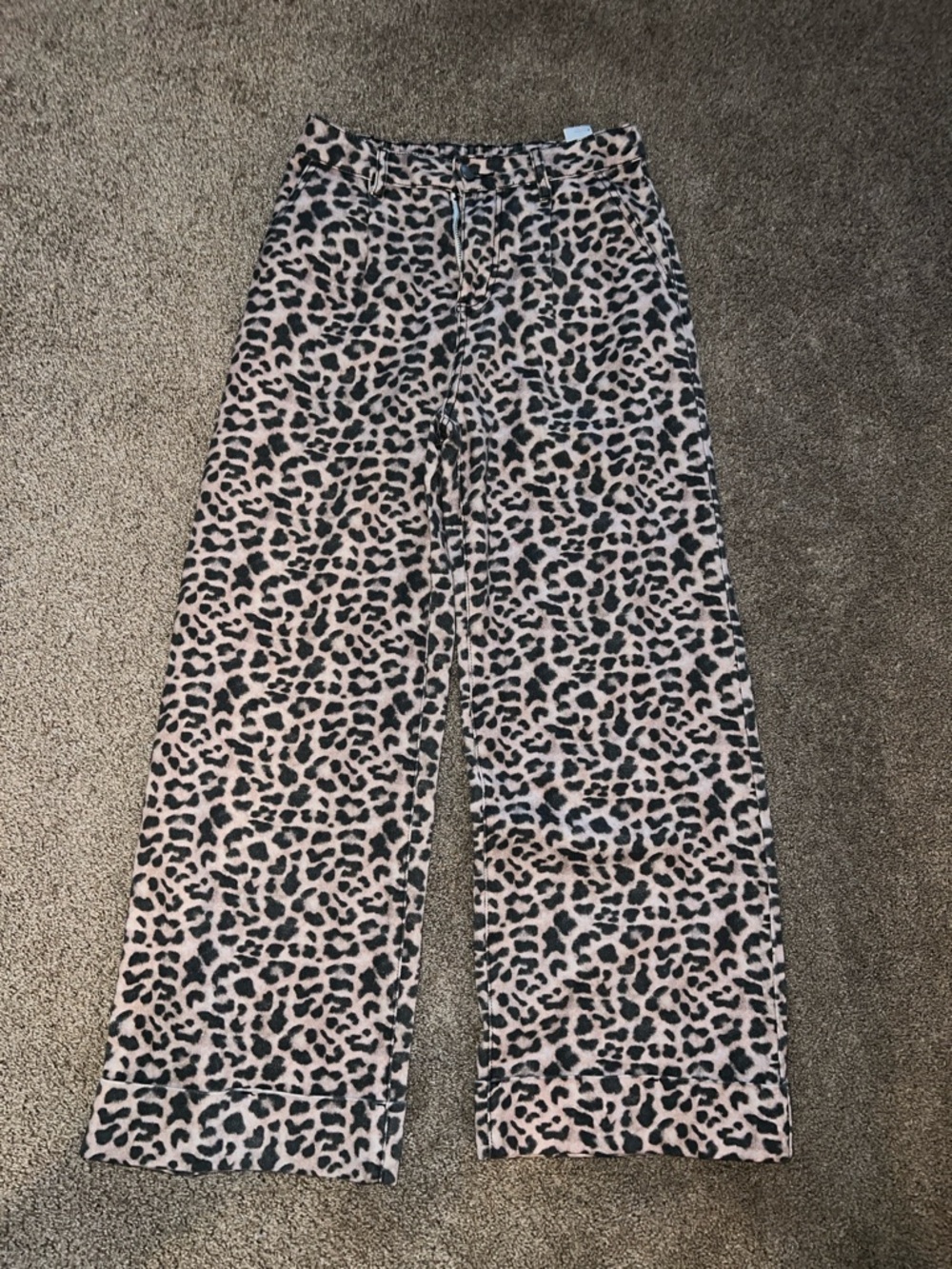 Leopard Print Wide Leg Jean Pants - Tan & Black